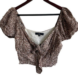 Lulus Top Women XS Brown Tie V-Neck‎ Short Sleeve Animal Print Crop Smock NWT